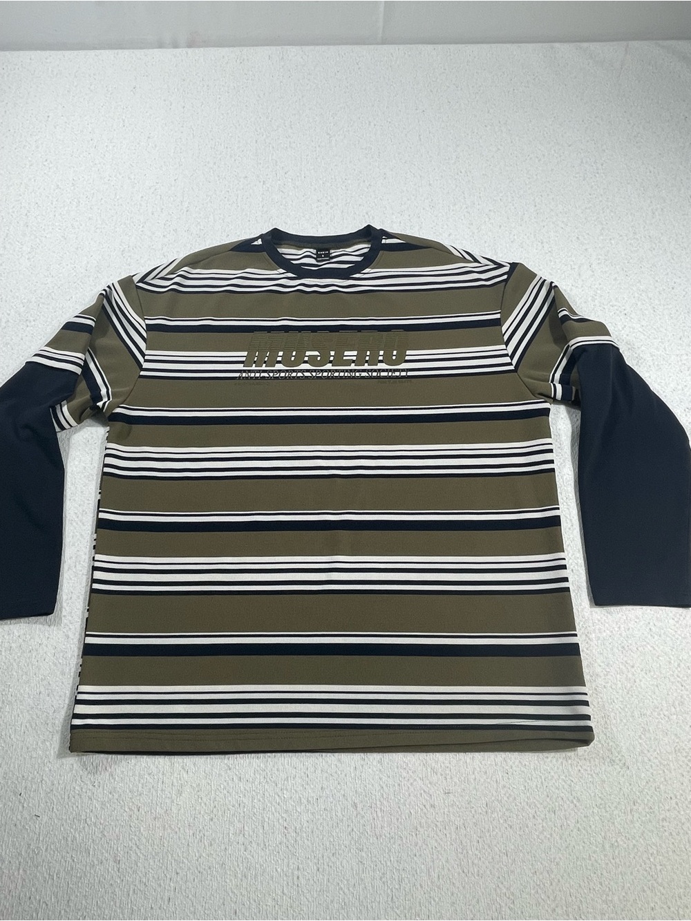 SHEIN Men's Size S Striped T-Shirt Olive Navy White Crewneck Long Sleeve.SKU#675
